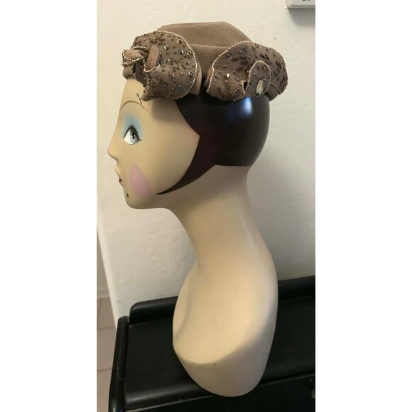 Vintage Italian Felt Cocktail Hat Beaded Bow Lou Johnson Tacoma Millinery ITALY!